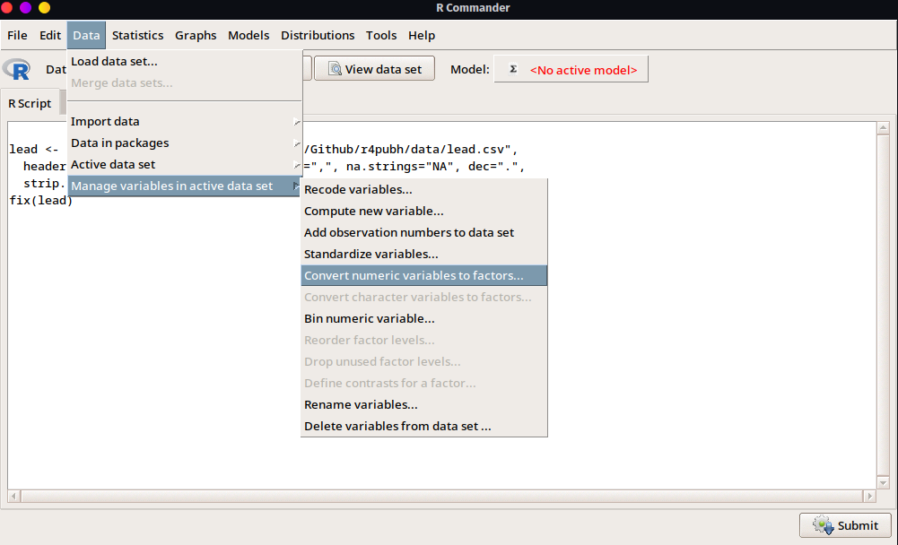 Se muestra el menú de para configurar una variable numérica en factor