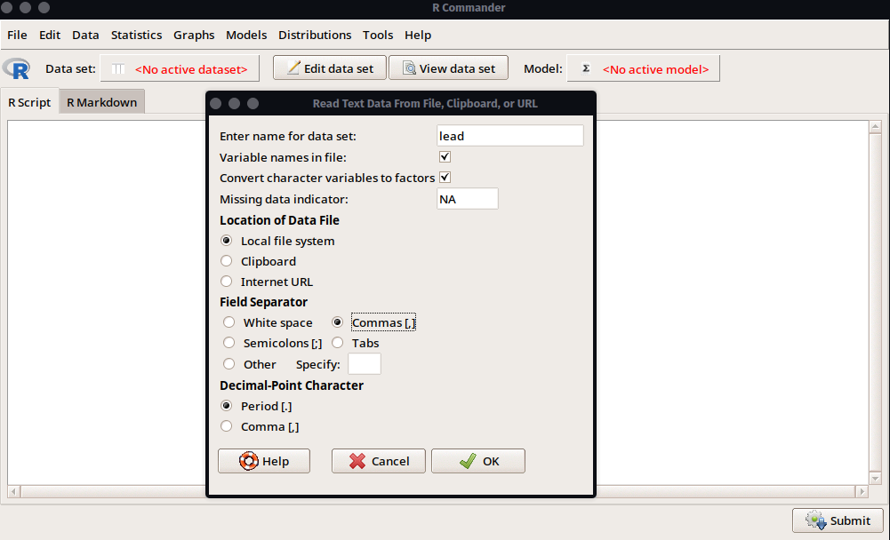 Se muestra el menú de configuración para la carga de datos