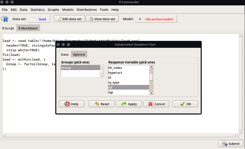 Se muestra las opciones de configuración para realizar un análisis t de student o welch