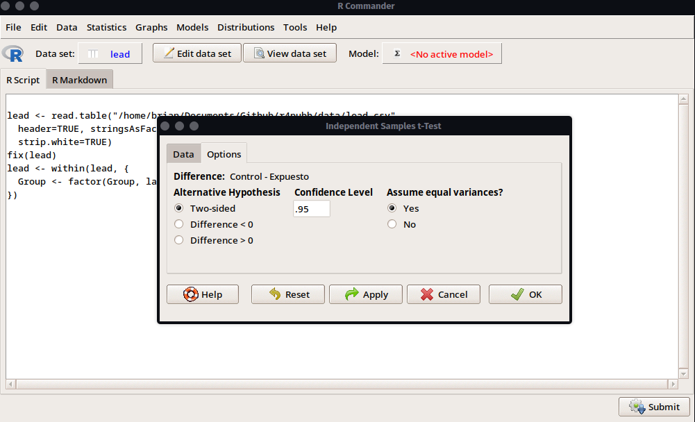 Se muestra las opciones de configuración para realizar un análisis t de student o welch