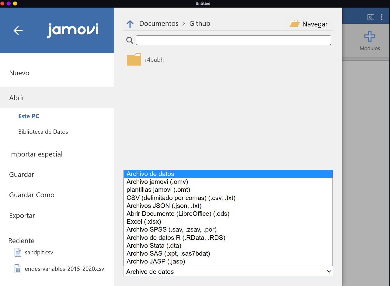 Se muestra el menú de importación de datos de Jamovi