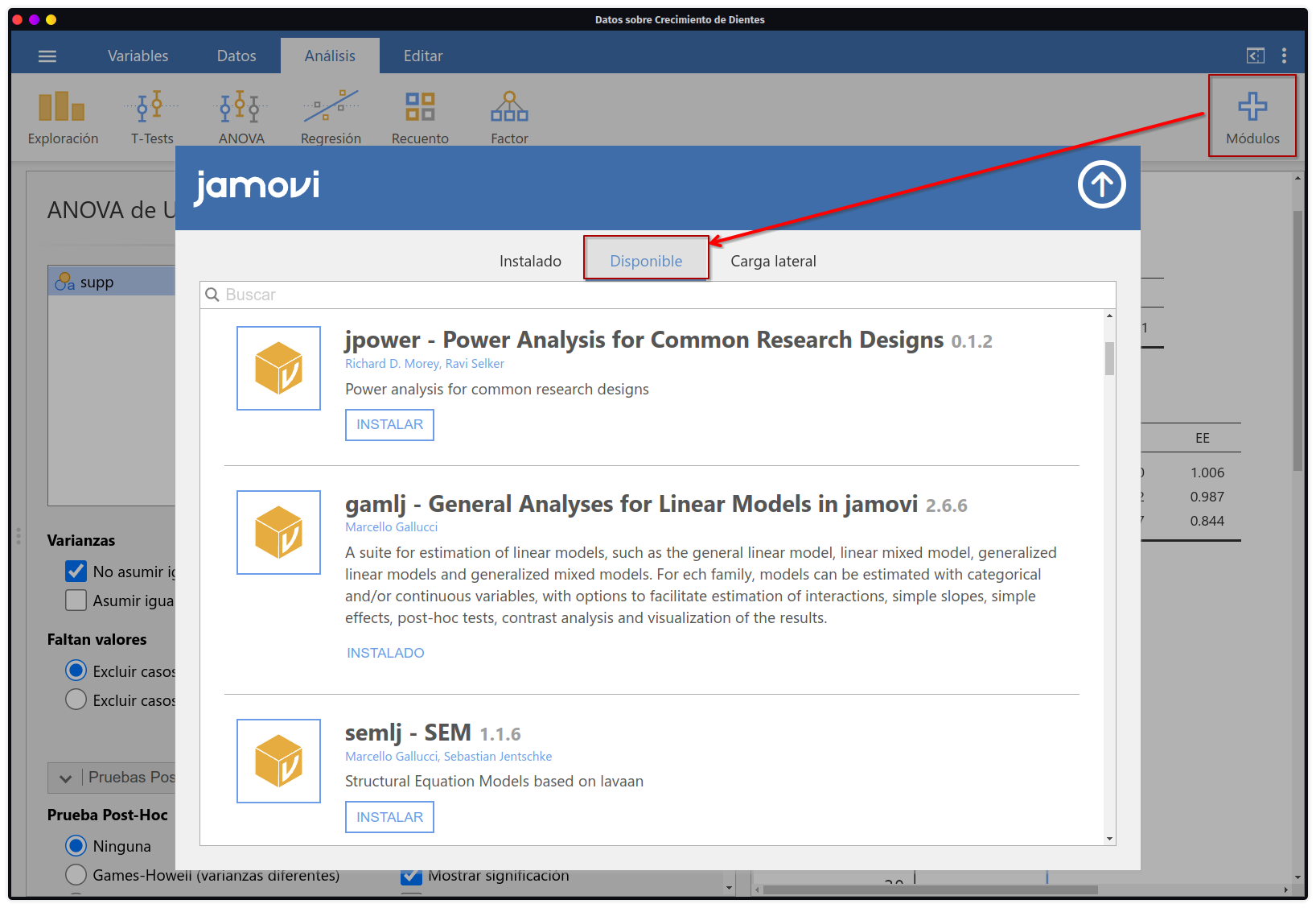 Se muestra la tienda de módulos de Jamovi donde hay distintas opciones para ampliar las capacidades de análisis del software.